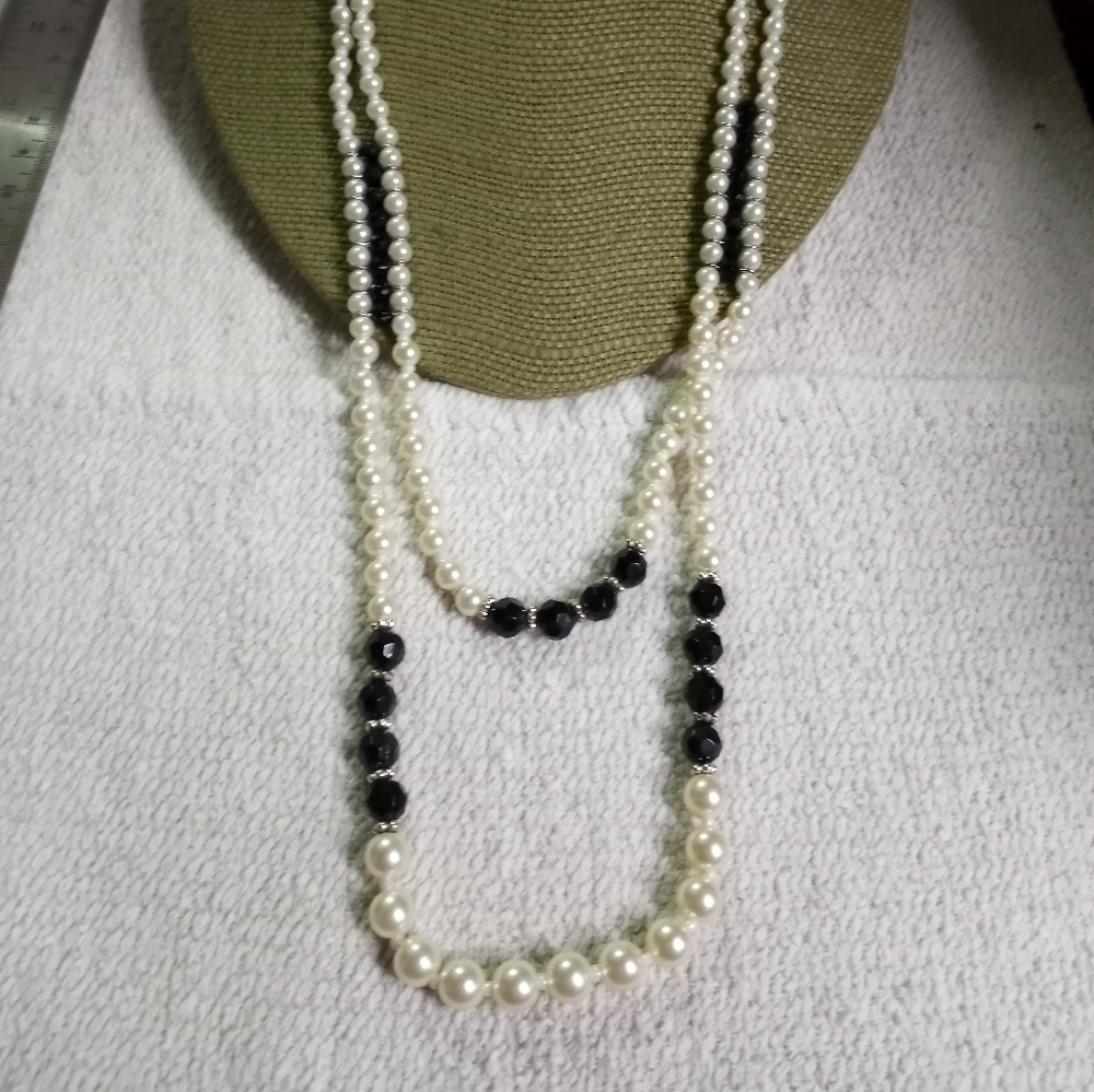 Nrt faux pearl black faceted beads necklace